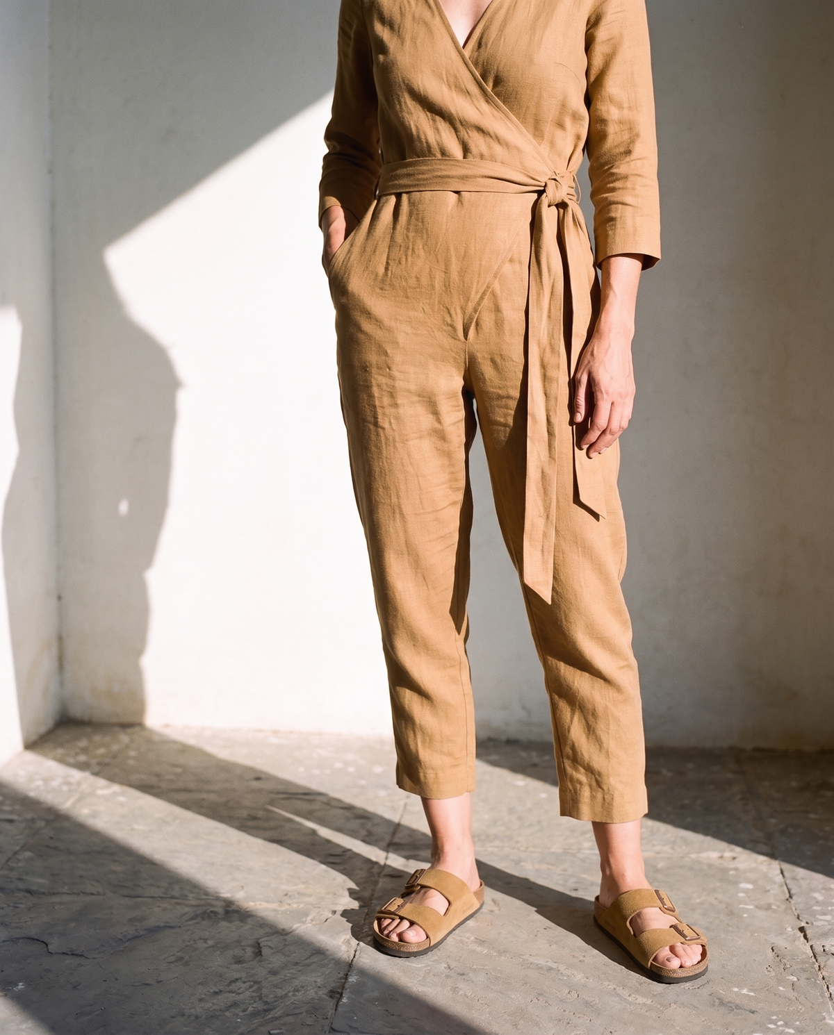 Wrap Linen Jumpsuit in ochre