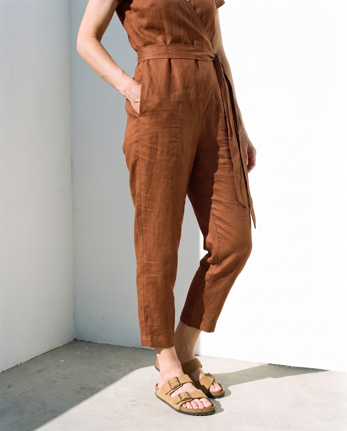 Wrap Linen Jumpsuit in cinnamon