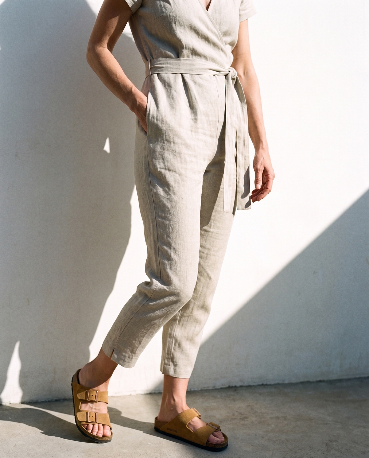 Wrap Linen Jumpsuit in stone