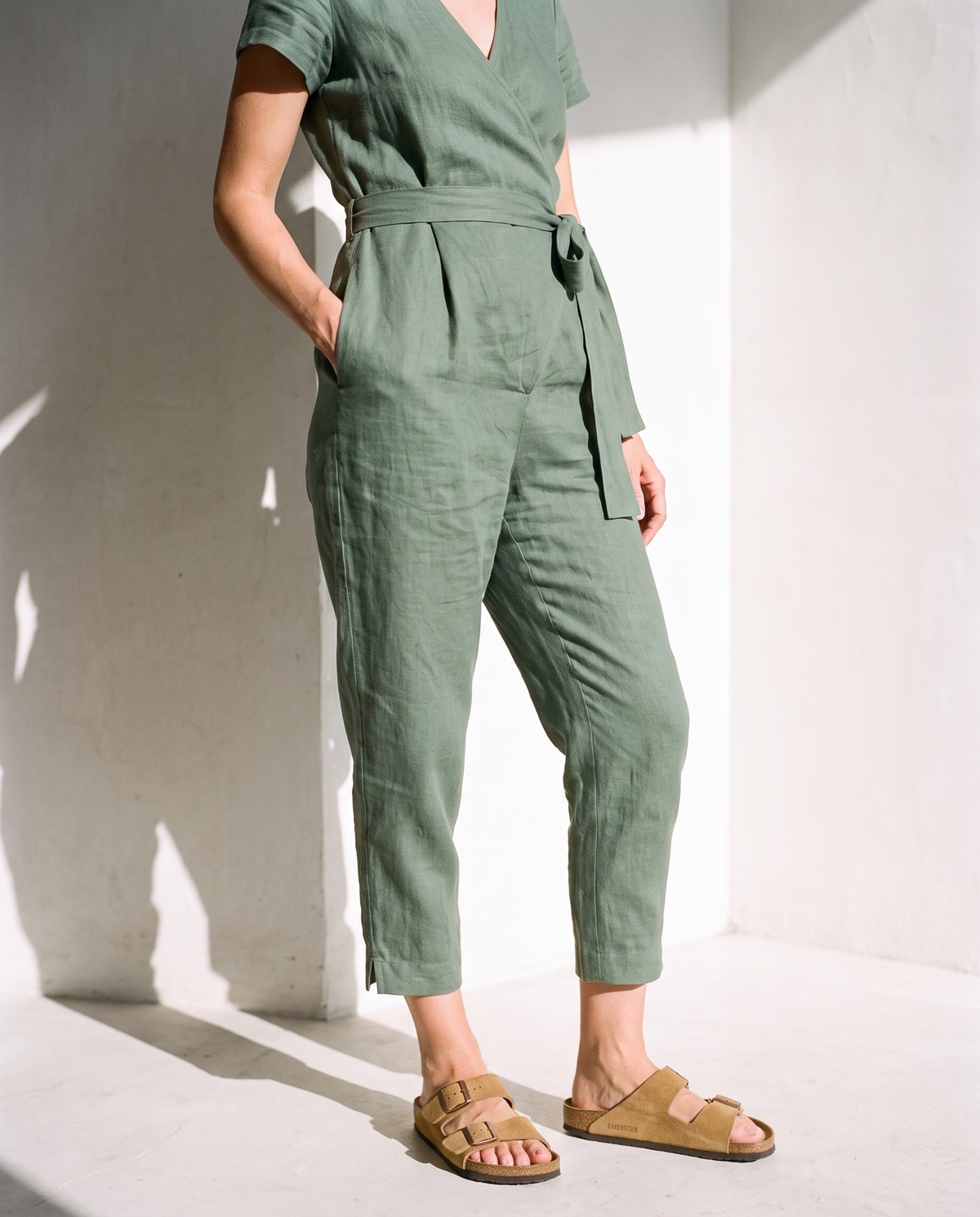 Wrap Linen Jumpsuit in moss
