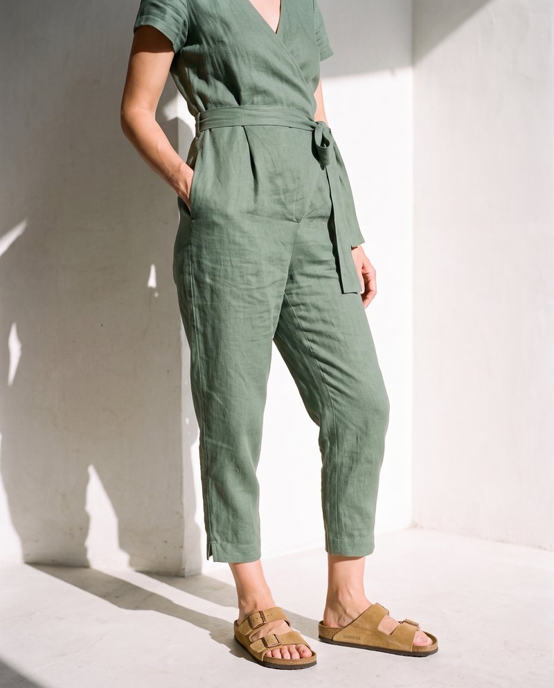 Wrap Linen Jumpsuit in moss