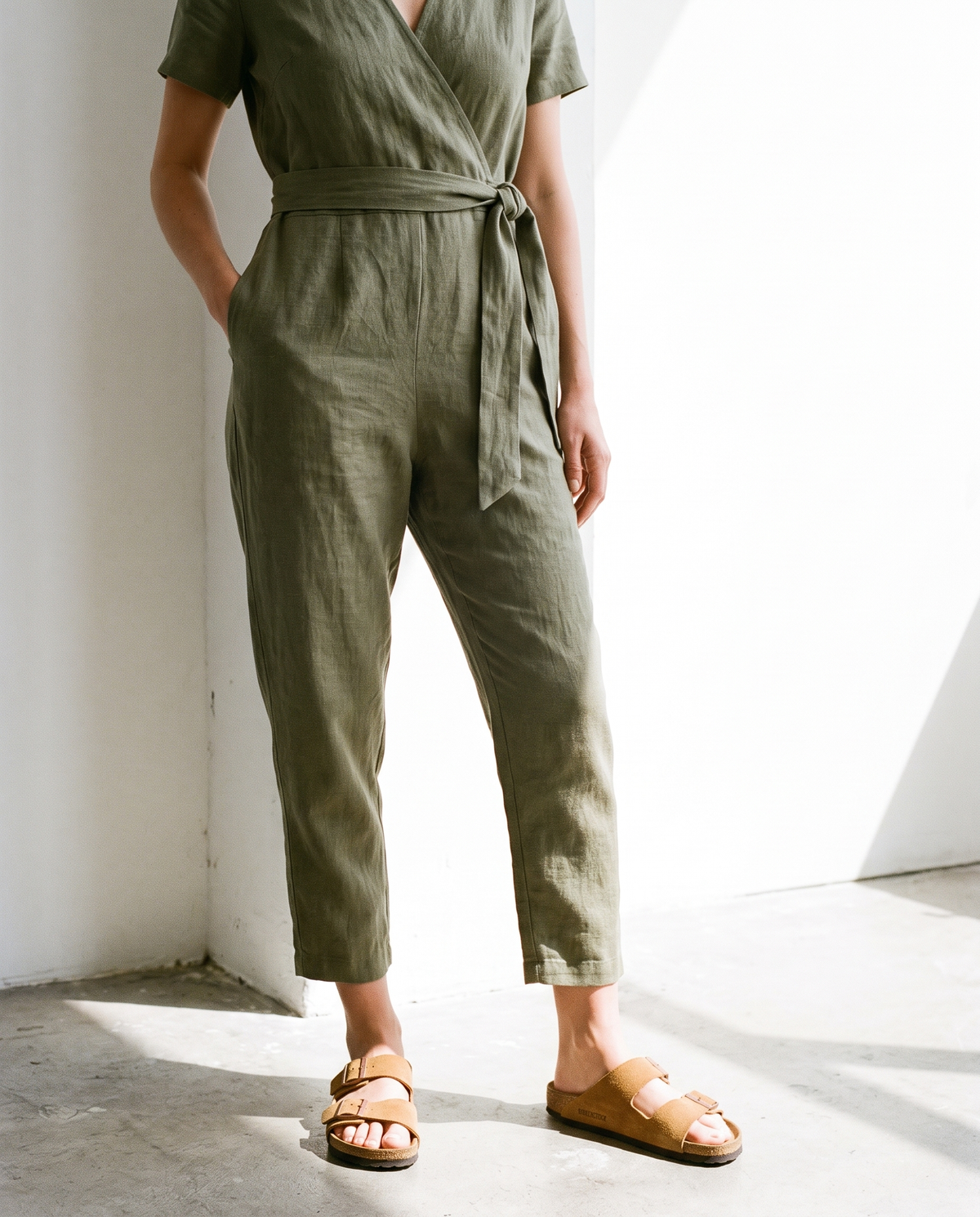Wrap Linen Jumpsuit in olive