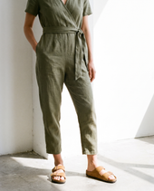 Olive Wrap Linen Jumpsuit in ochre