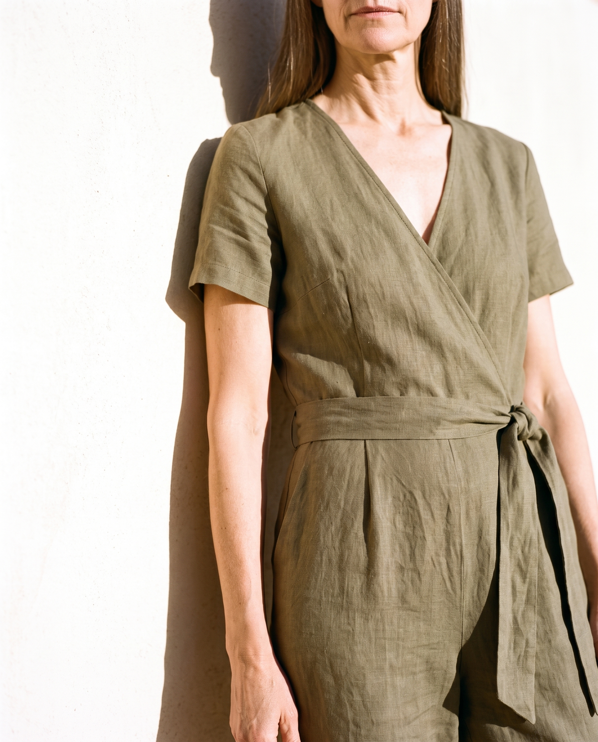 Wrap Linen Jumpsuit in olive