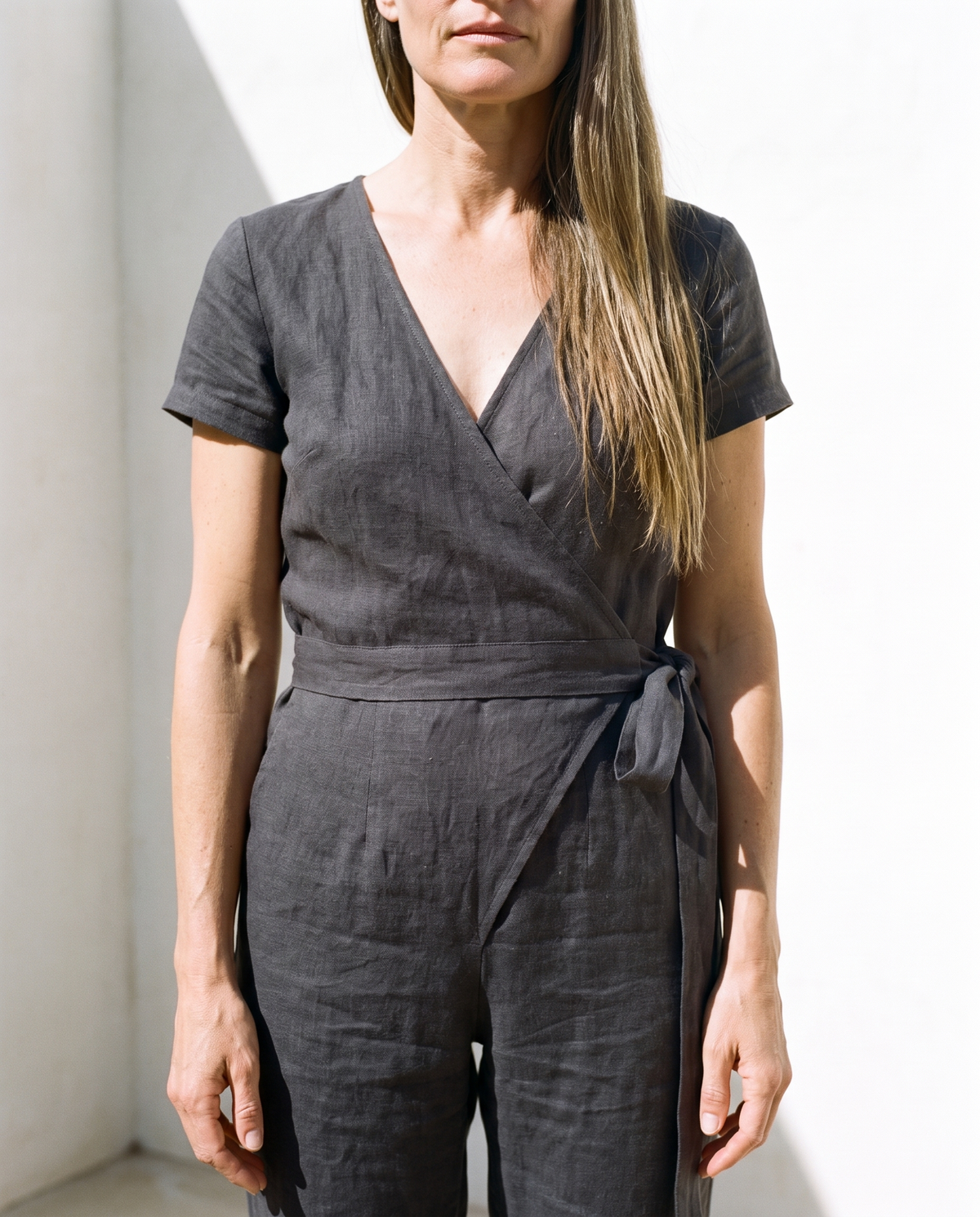 Wrap Linen Jumpsuit in charcoal