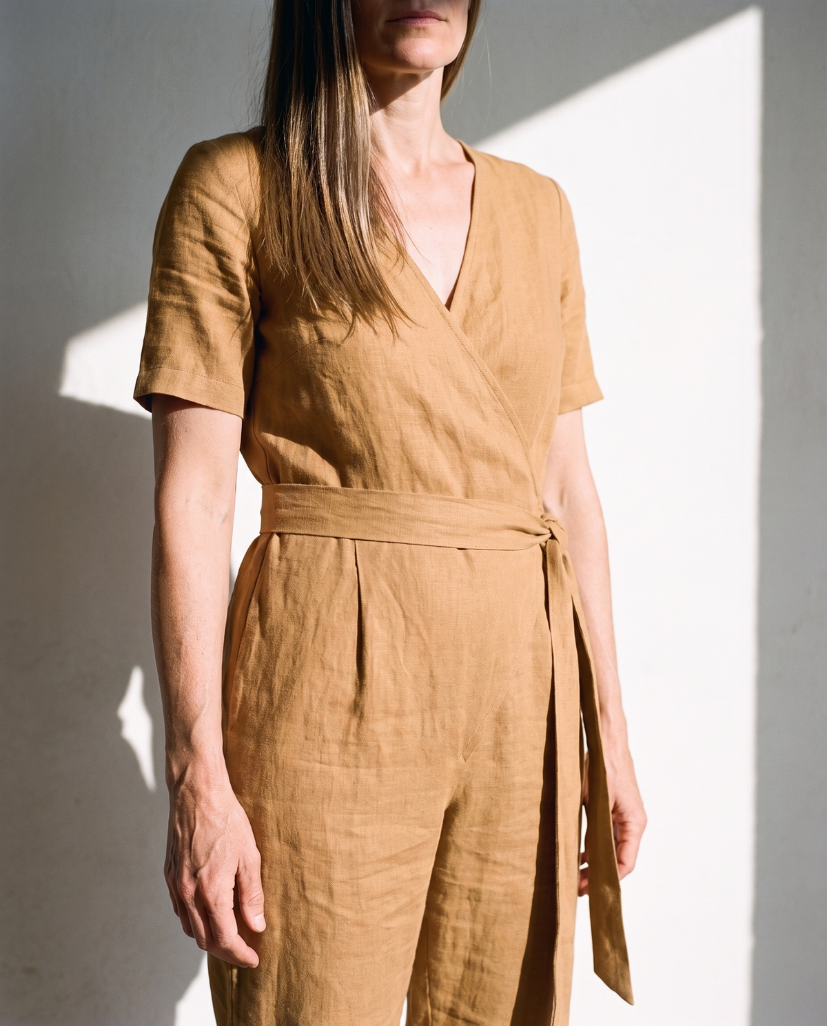 Wrap Linen Jumpsuit in ochre