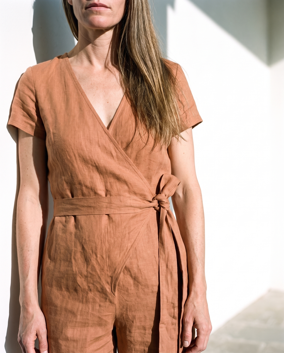 Wrap Linen Jumpsuit in clay