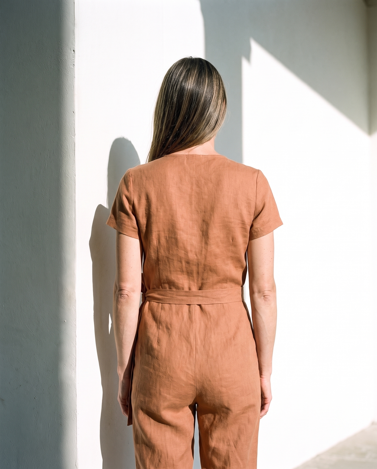 Wrap Linen Jumpsuit in clay