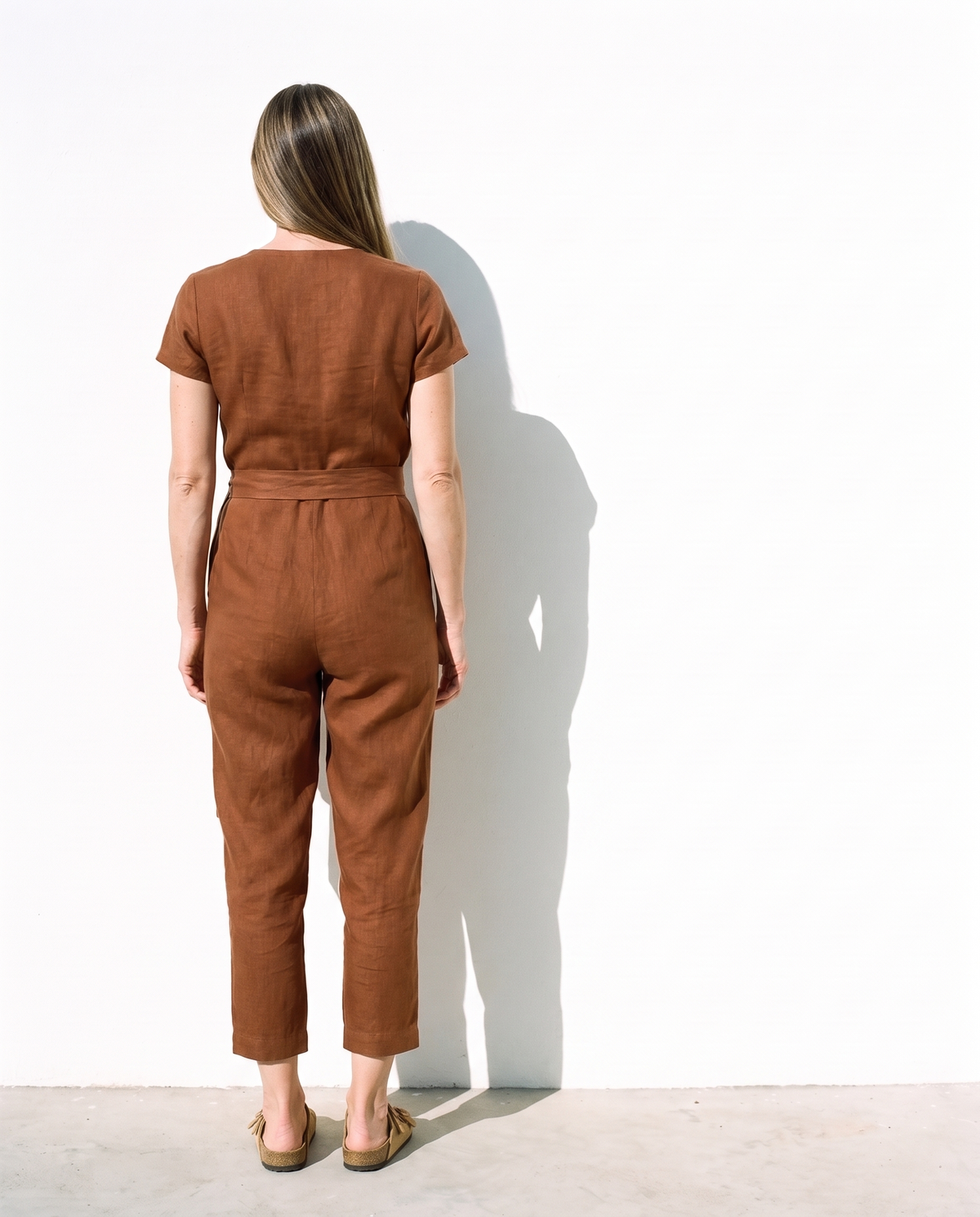 Wrap Linen Jumpsuit in cinnamon
