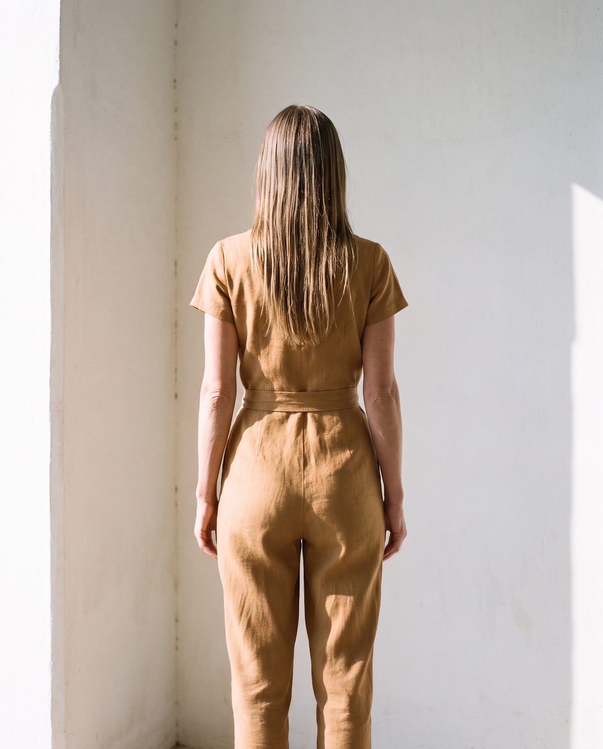 Wrap Linen Jumpsuit in ochre