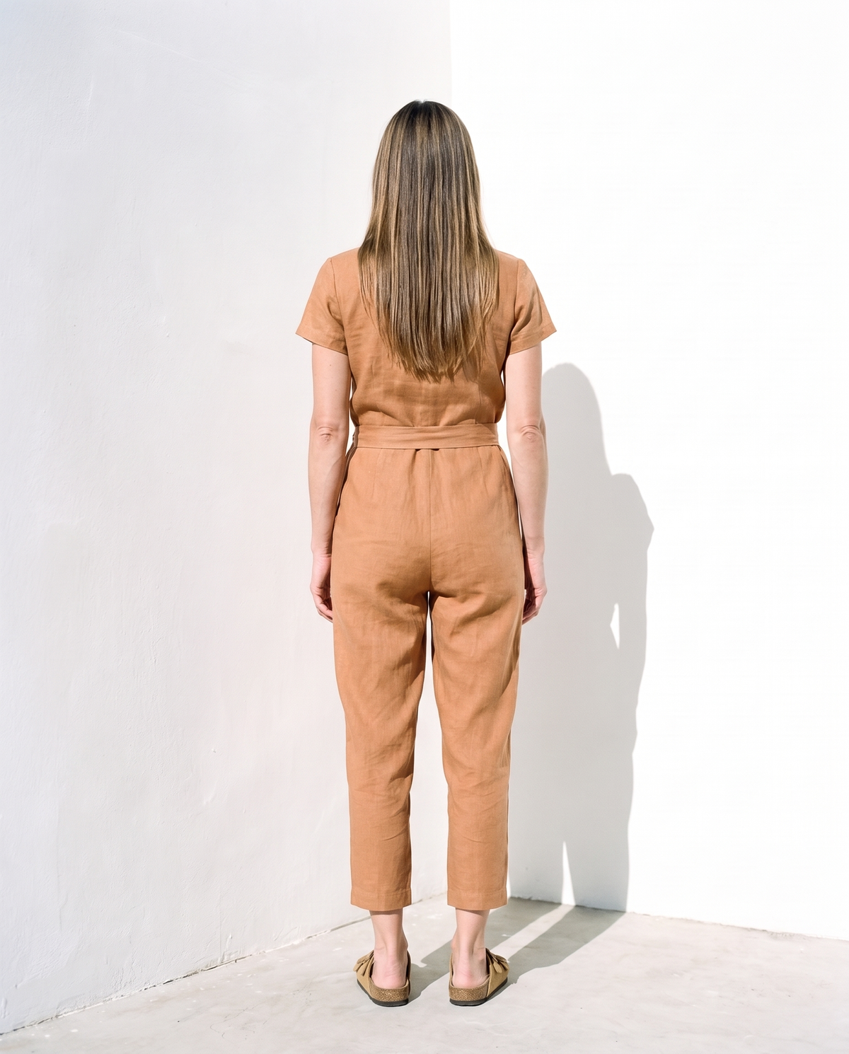 Wrap Linen Jumpsuit in camel