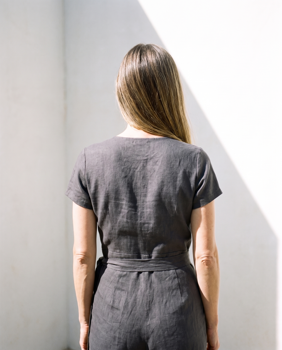 Wrap Linen Jumpsuit in charcoal