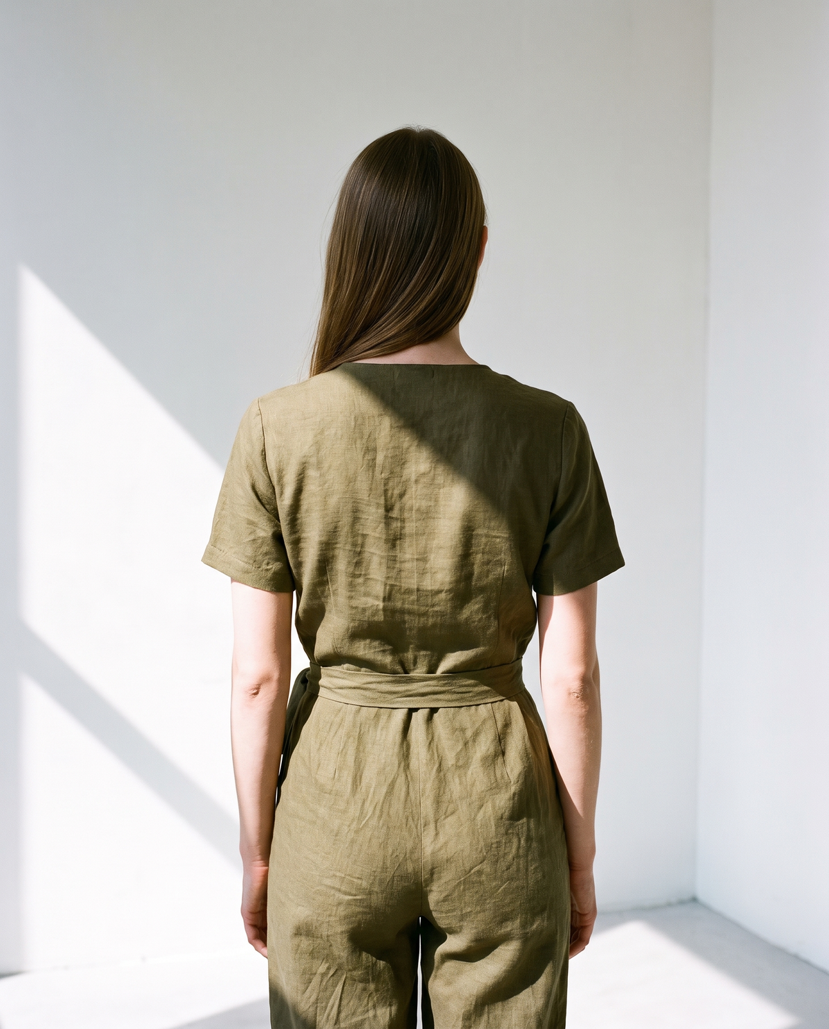 Wrap Linen Jumpsuit in olive