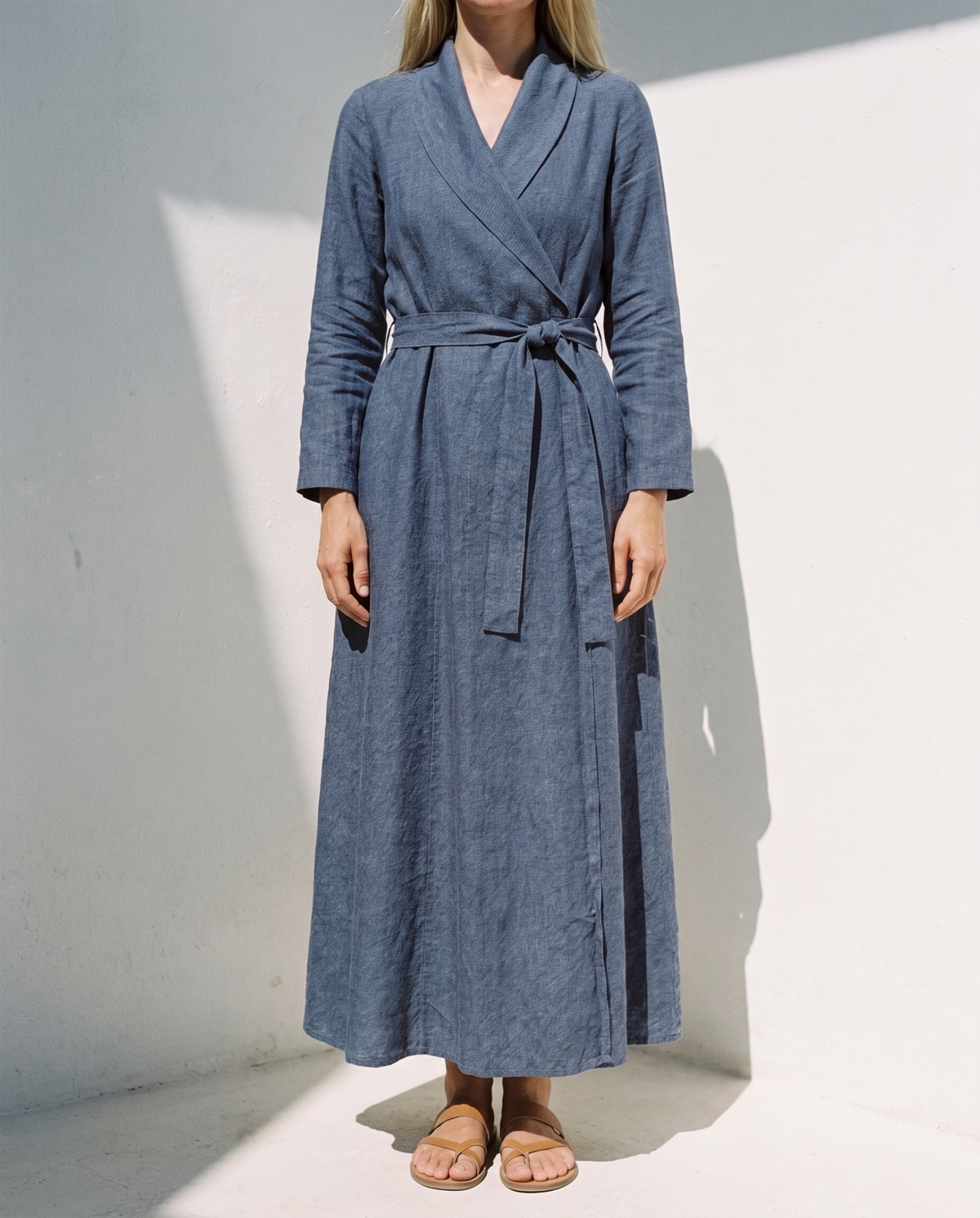 Wrap Linen Maxi Dress, close view of the front