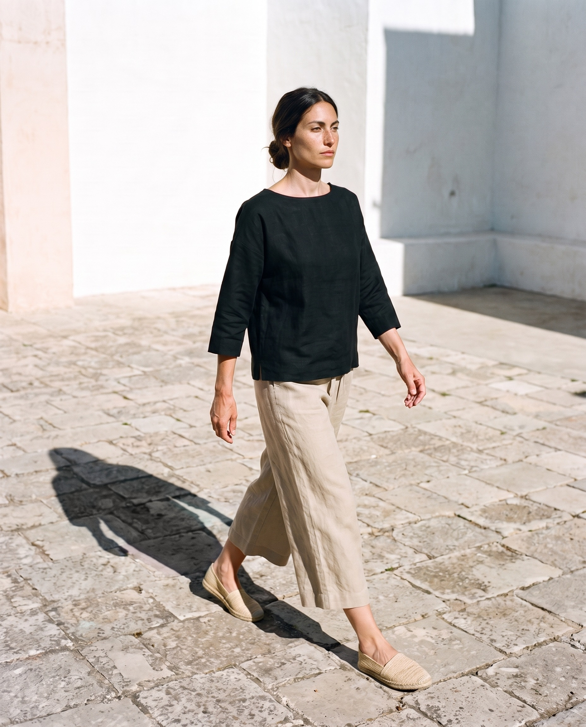 Carla Culottes in natural, styled with the black boxy linen top