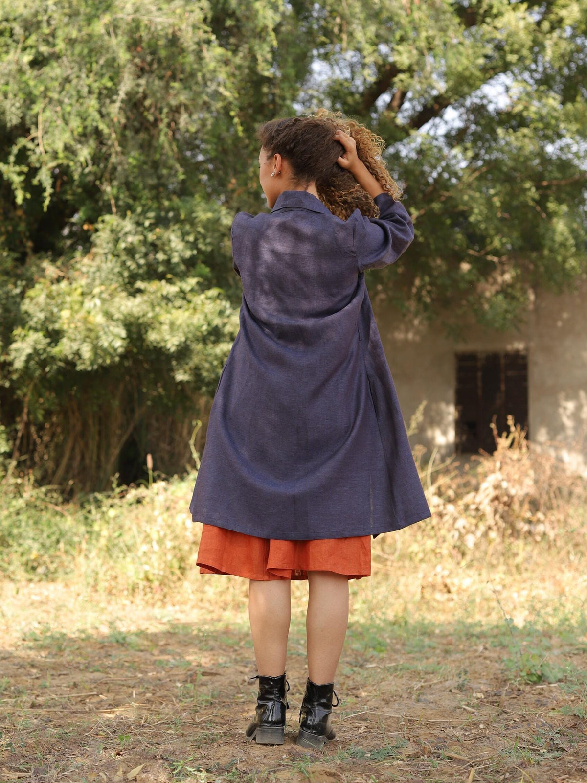 Long Linen Duster Coat in navy blue linen, back