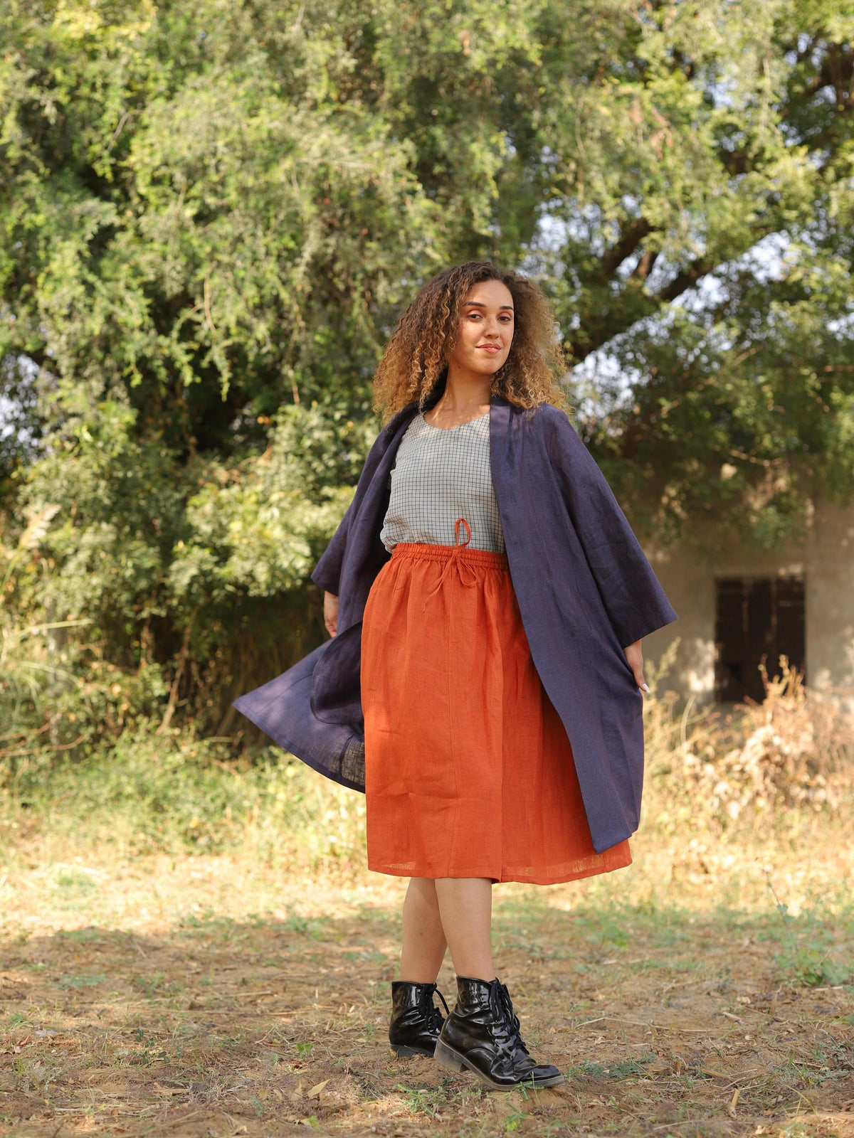 Long Linen Duster Coat in navy blue linen, open, pockets