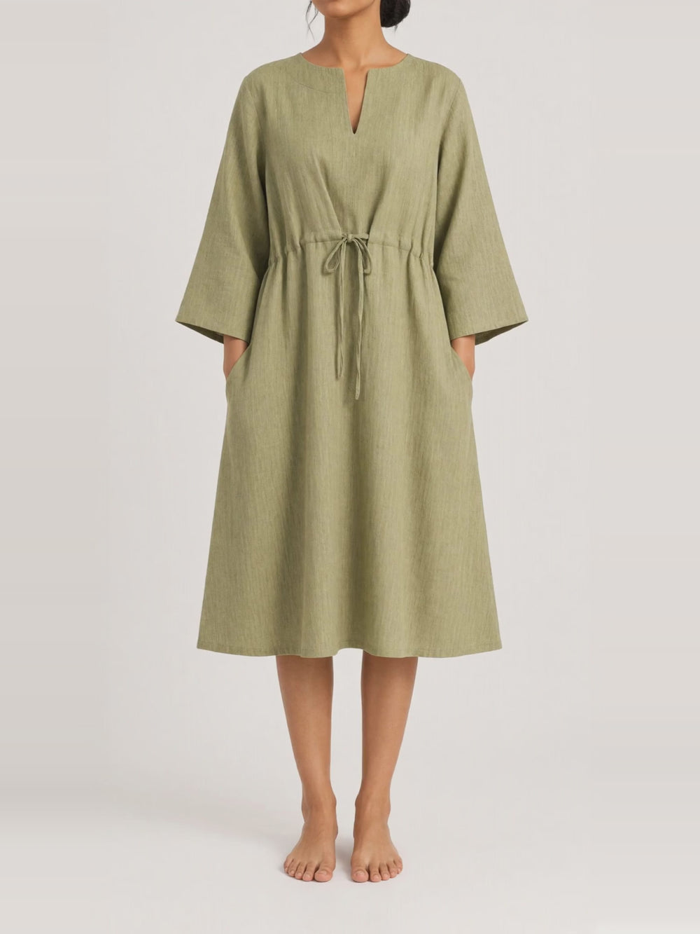 Kimono Sleeve Linen Dress, turning in the studio