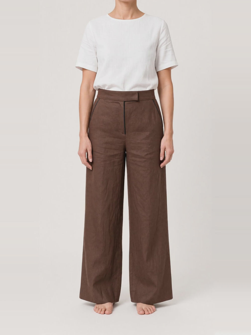 Wide Leg Linen Trousers, turning in the studio