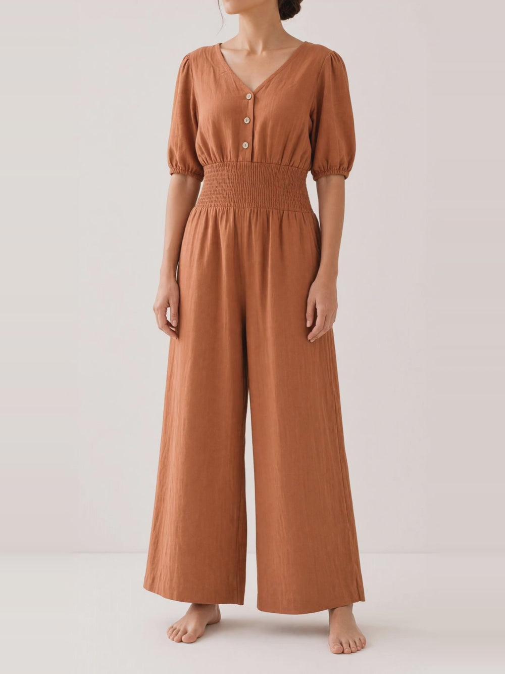 Button Front Linen Maxi Jumpsuit, turning in the studio