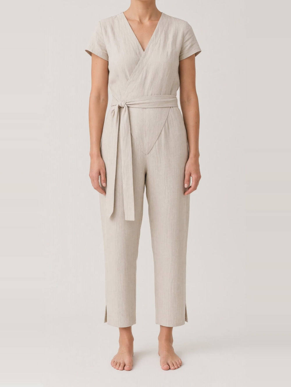 Wrap Linen Jumpsuit in natural, turning in the studio