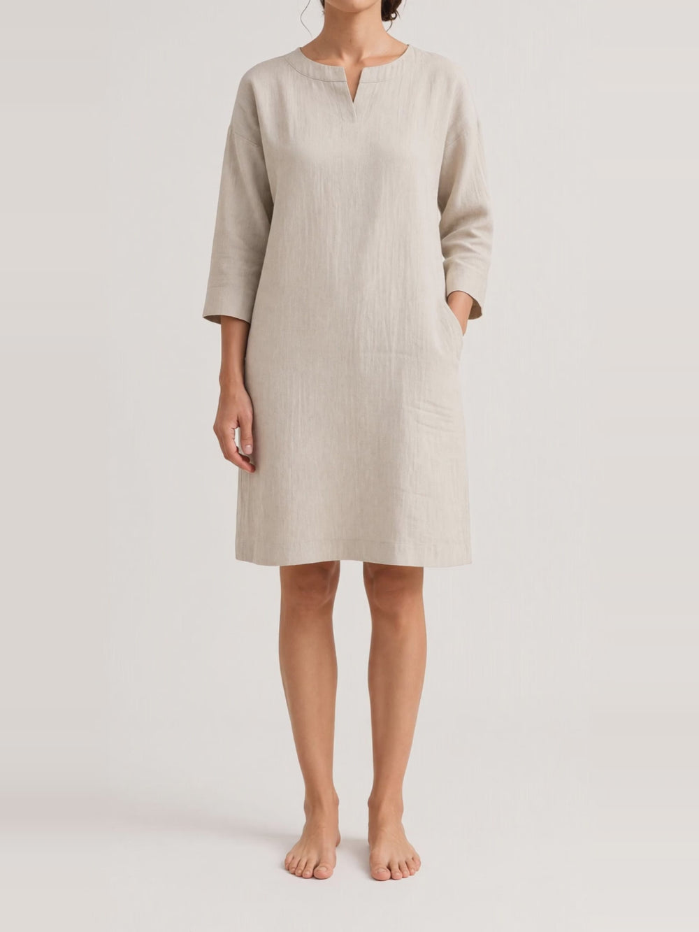 Boat Neck Linen Shift, turning in the studio