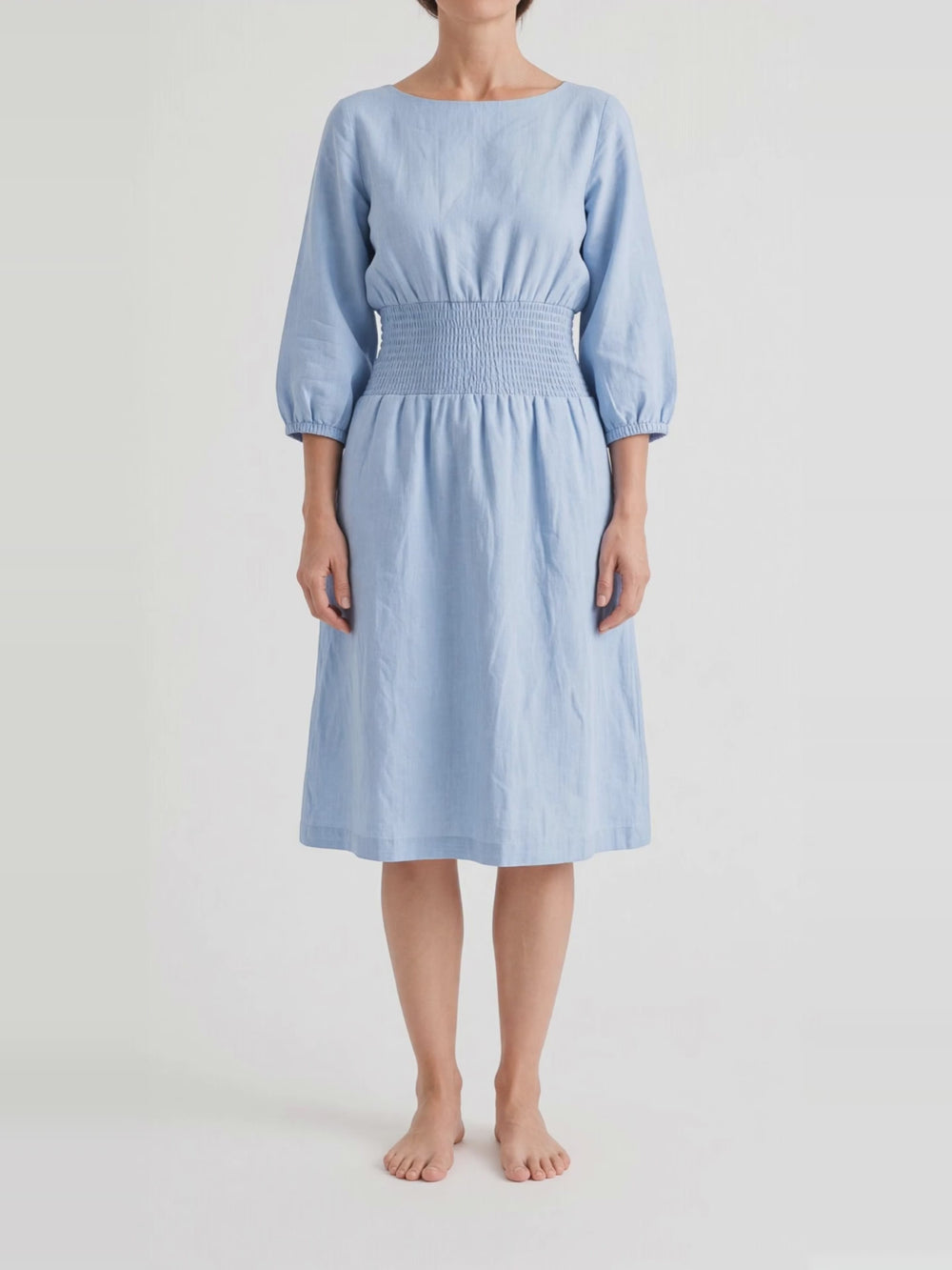 Boat Neck Linen Smock Dress, turning in the studio