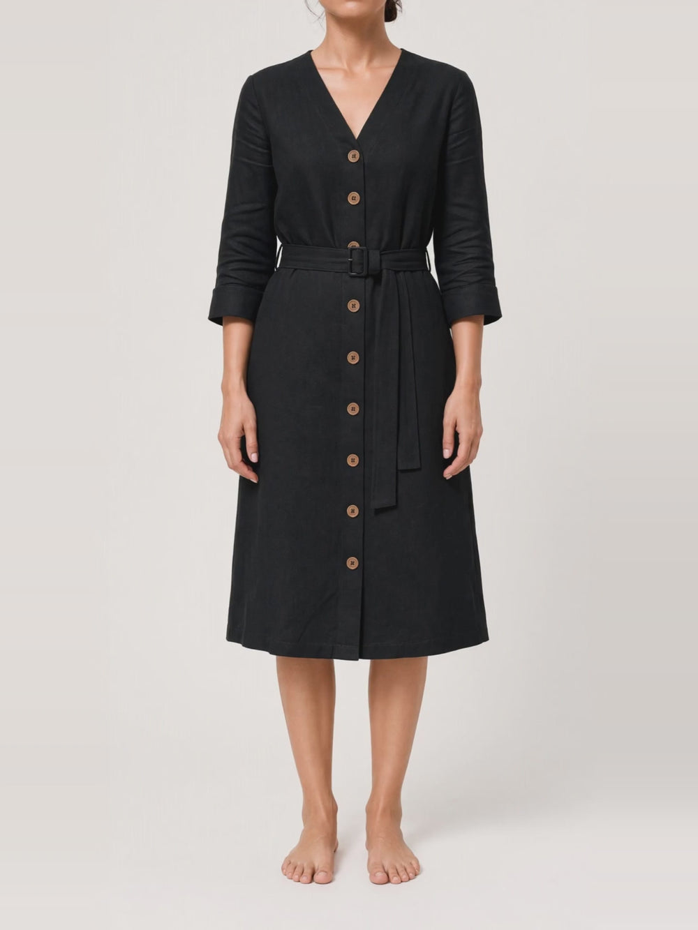 Belted Button Front Midi, turning in the studio