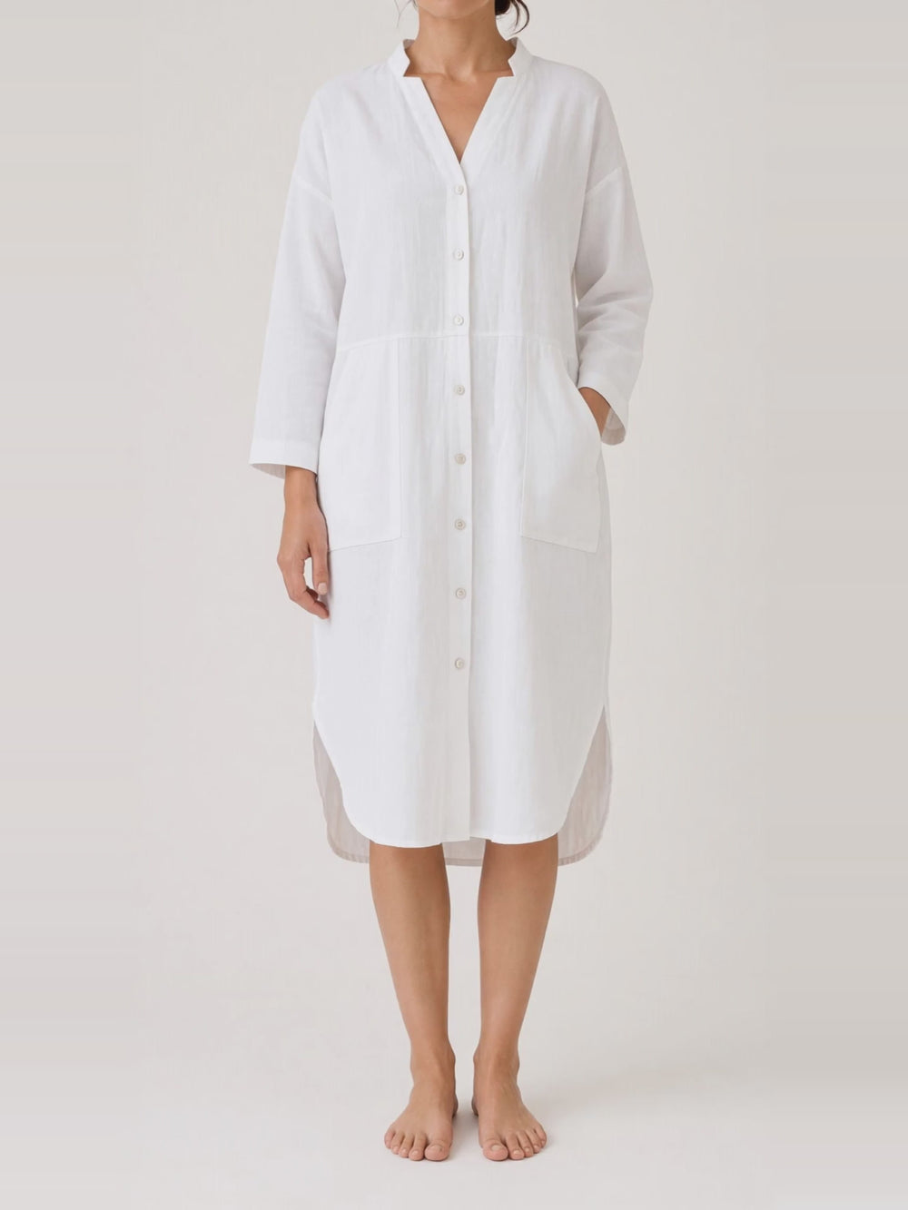 Oversized Linen Shirt Dress, turning in the studio