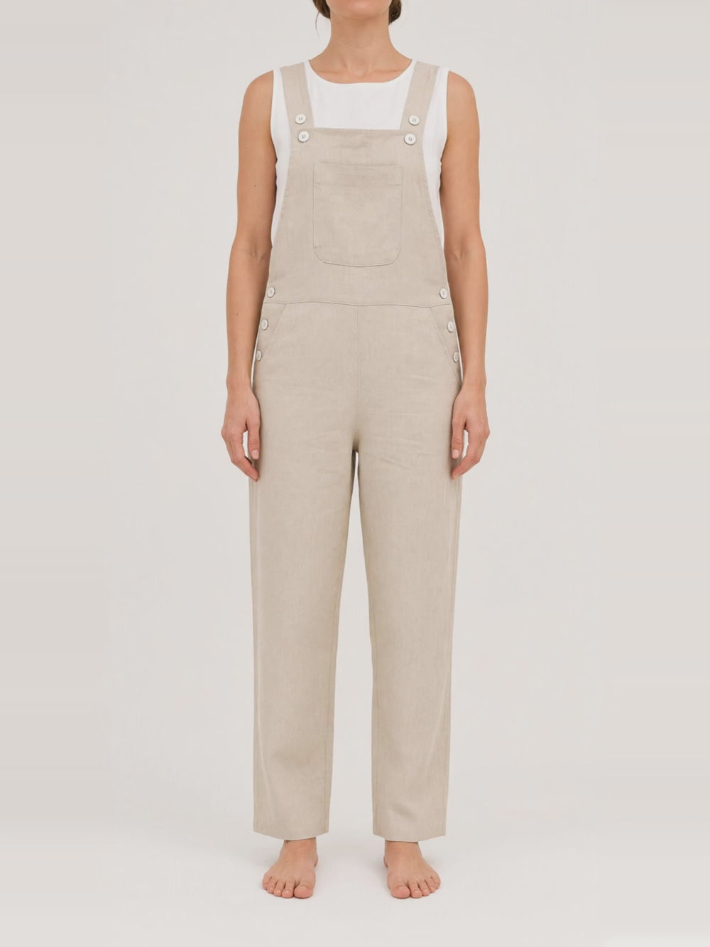 Linen Dungarees, turning in the studio