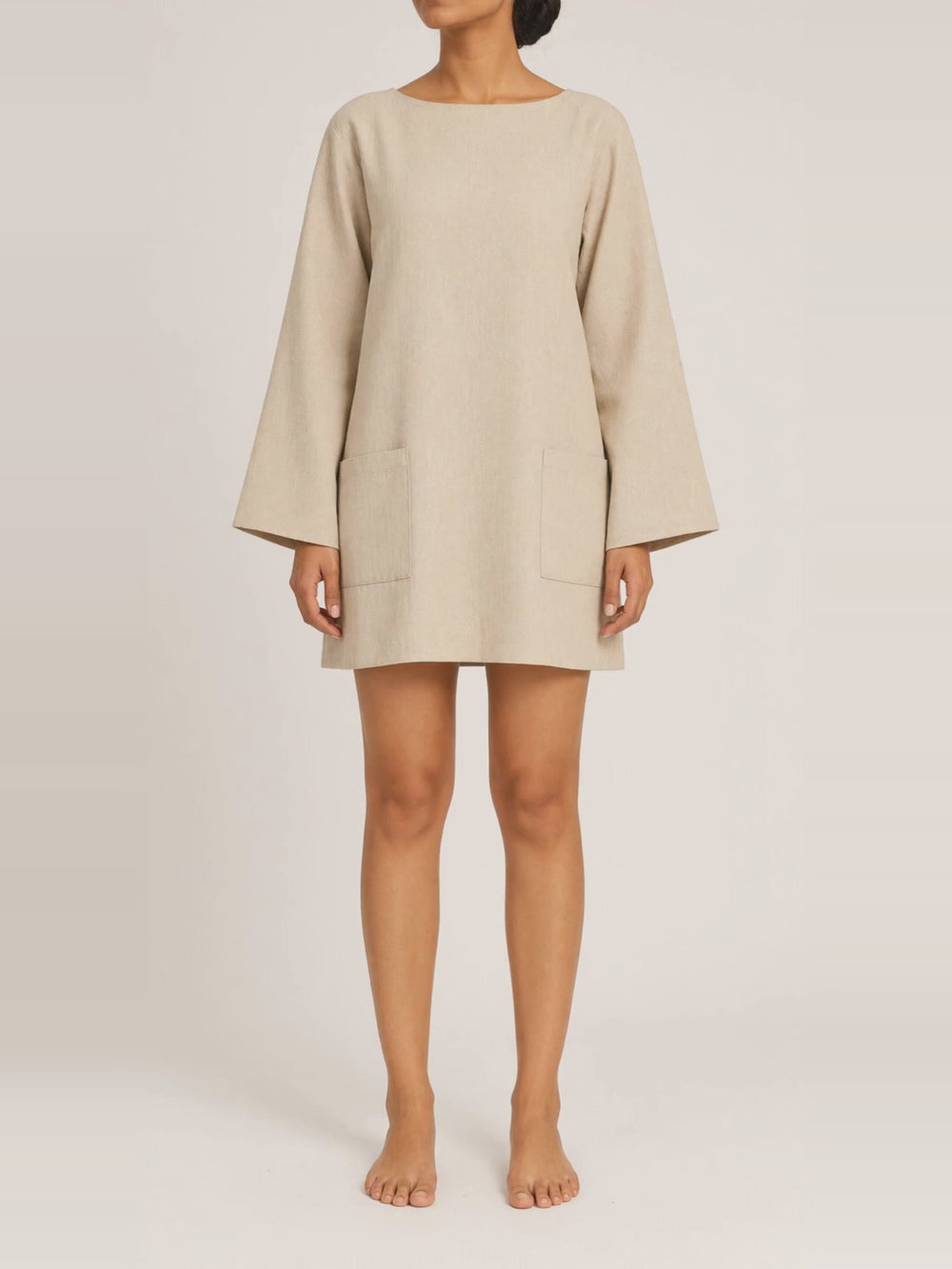 Oversized Linen Mini Dress, turning in the studio