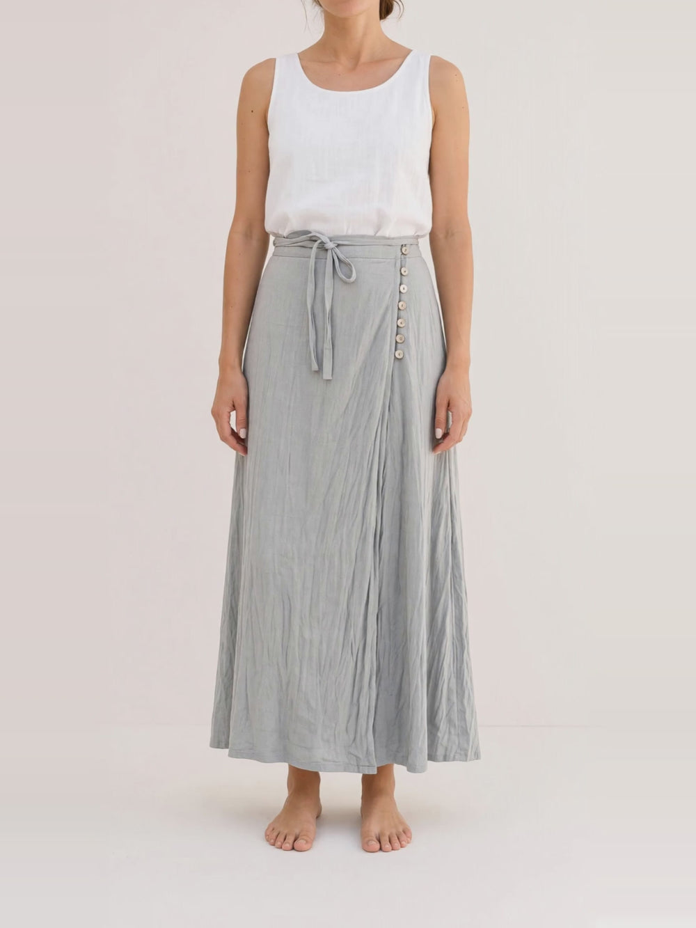 Wrap Linen Maxi Skirt, turning in the studio