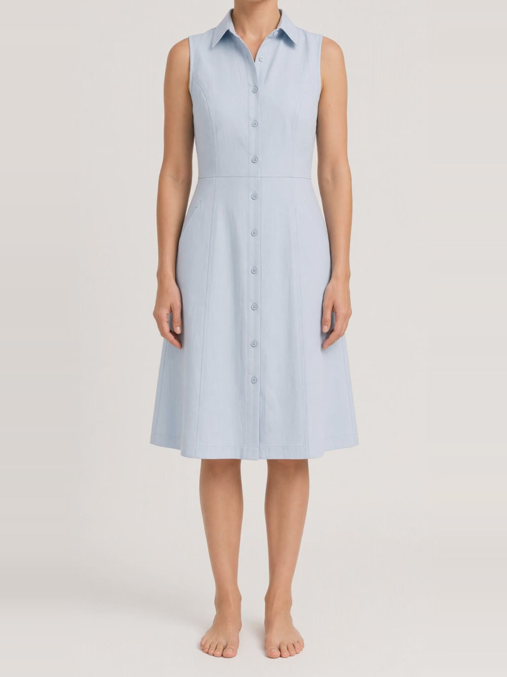 Sleeveless Linen Shirt Dress, turning in the studio
