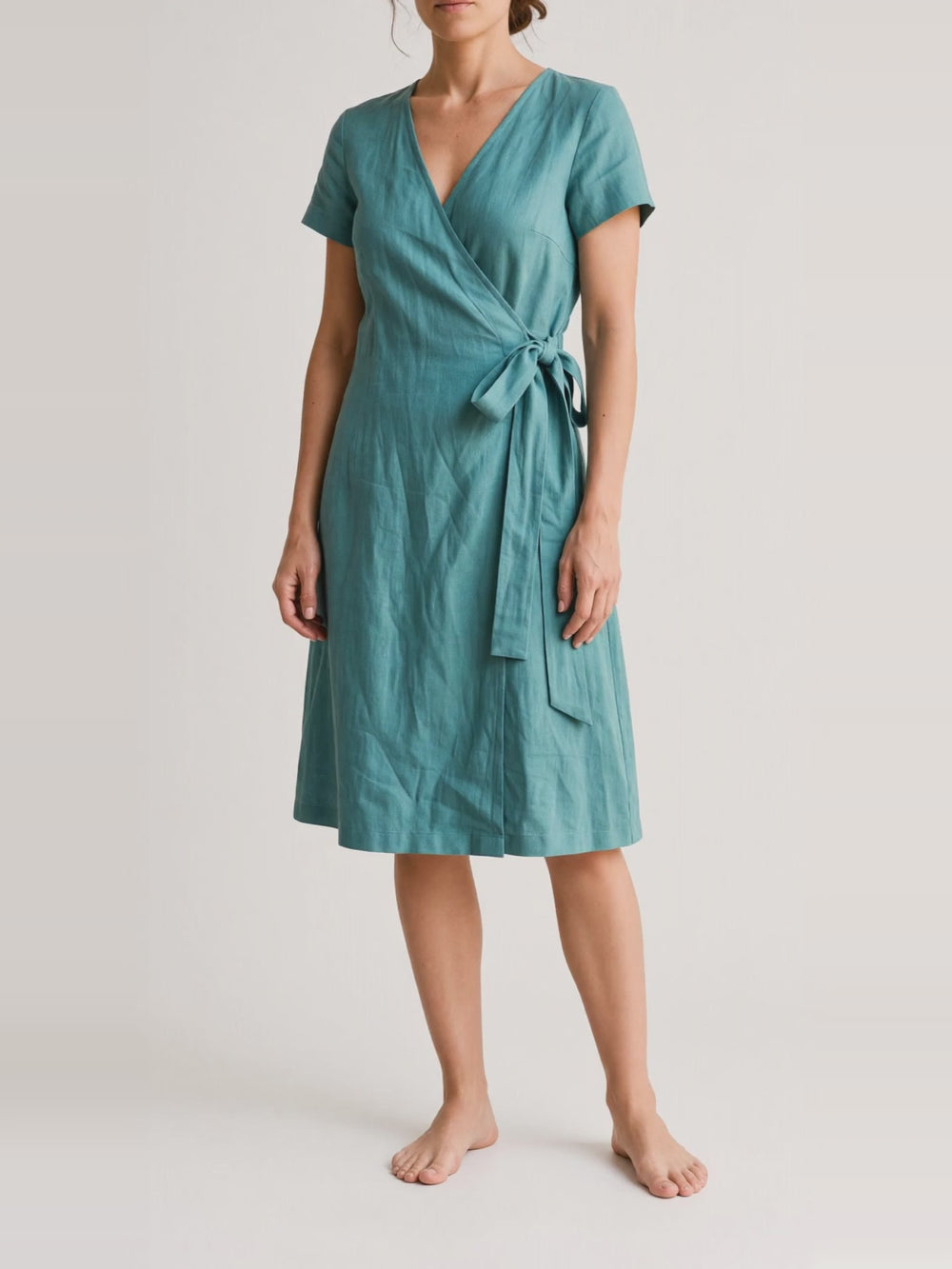 Wrap Linen Midi Dress, turning in the studio