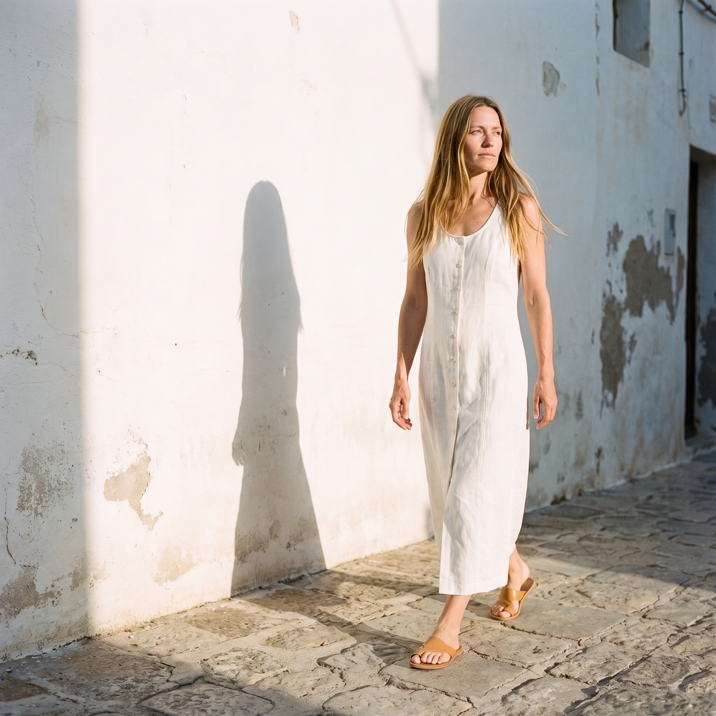 Walking down a sunlit lane in a natural linen maxi dress