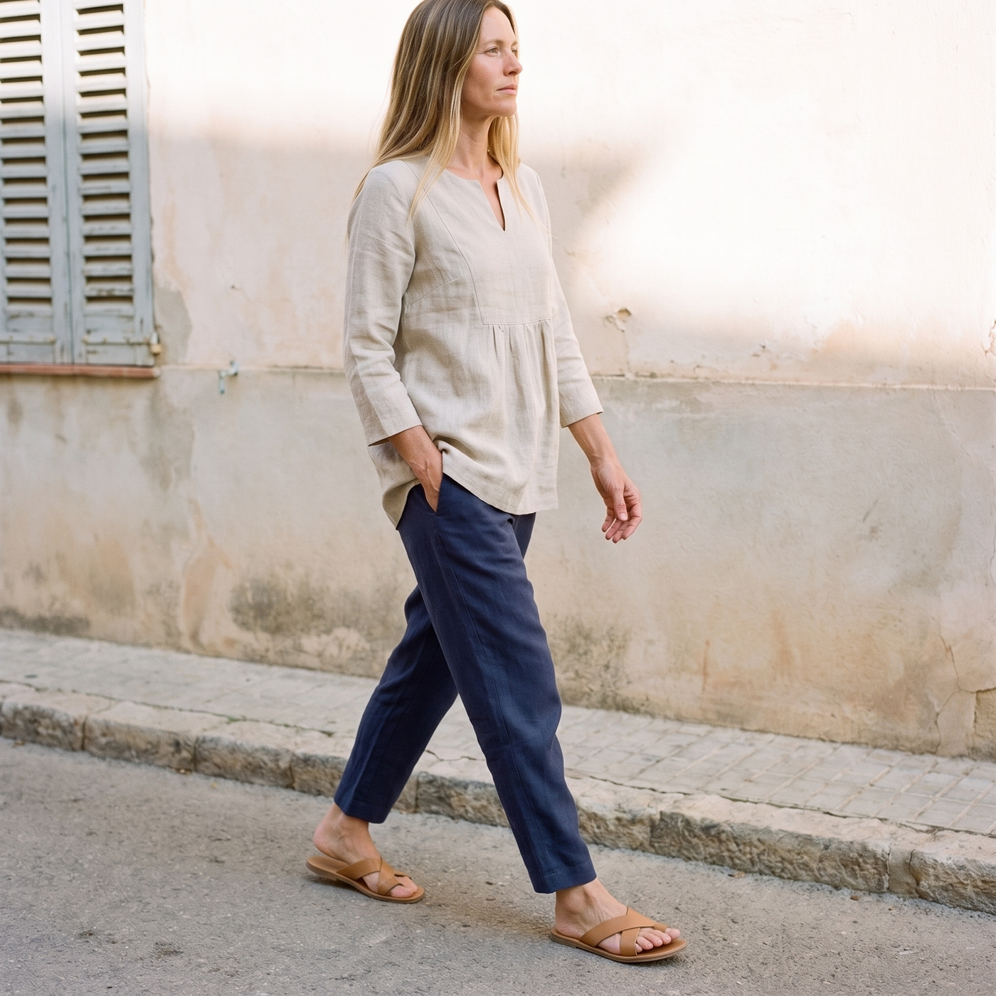 A natural linen top worn with indigo linen trousers